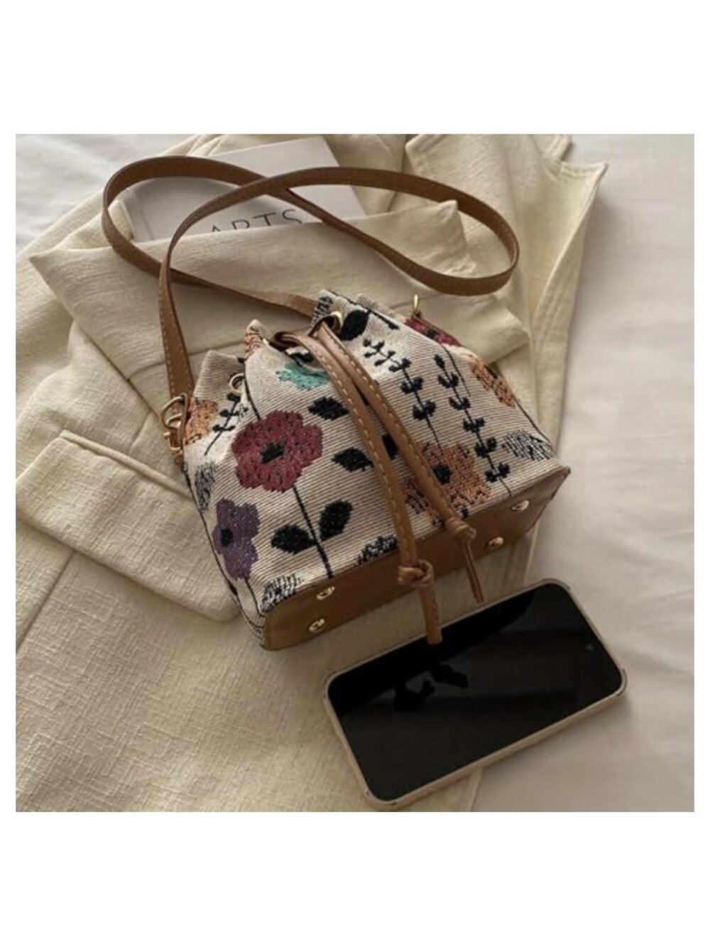 Mini Floral Embroidered Bucket Bag Drawstring Shoulder Purse - Picture 5 of 6